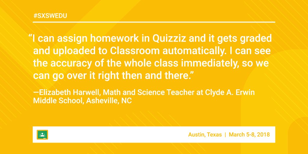 GoogleForEdu's tweet image. Your students get fun, gamified lessons. You get in-depth reports and the ability to track assignments #withClassroom + @quizizz goo.gl/niQfej #SXSWEDU