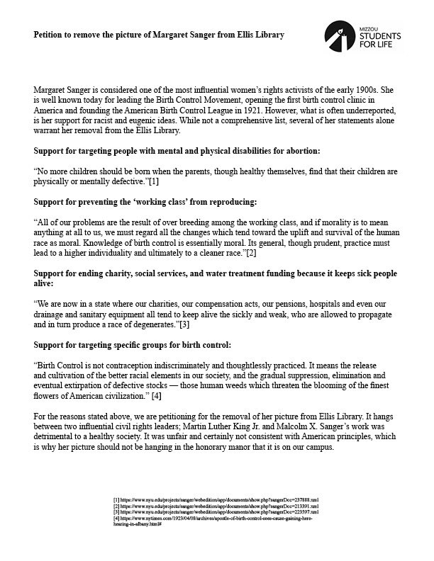 MizzouSFL's tweet photo. We are proud to announce that the picture of racist eugenicist, Margaret Sanger, is no longer hanging in our Ellis Library! Thank you SO much, @MizzouLibraries for removing this picture and no longer celebrating Margaret Sanger and her eugenic views. https://t.co/Tk7t0KoXfq