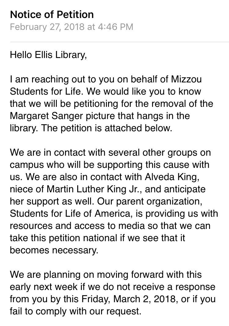 MizzouSFL's tweet photo. We are proud to announce that the picture of racist eugenicist, Margaret Sanger, is no longer hanging in our Ellis Library! Thank you SO much, @MizzouLibraries for removing this picture and no longer celebrating Margaret Sanger and her eugenic views. https://t.co/Tk7t0KoXfq