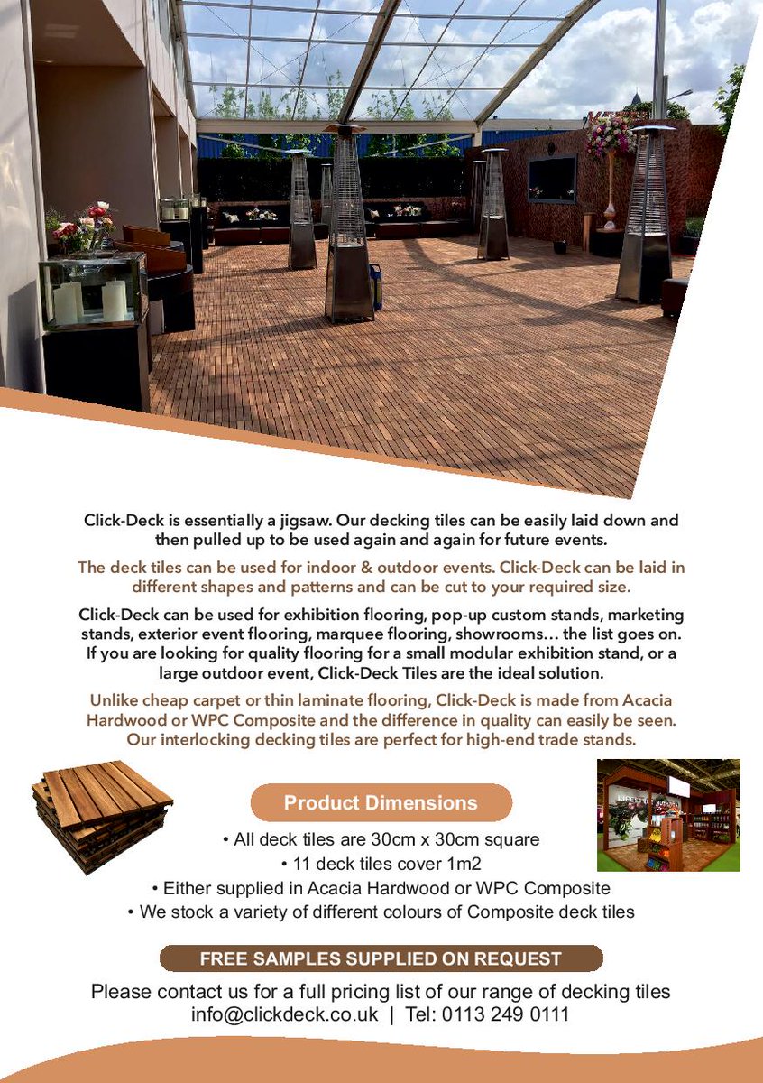 ClickDeck's tweet image. There are so many different uses for our decking tiles in the events industry. What can you use them for? #events #exhibitions #marquees #modexhibitionstands #showrooms. The list goes on...