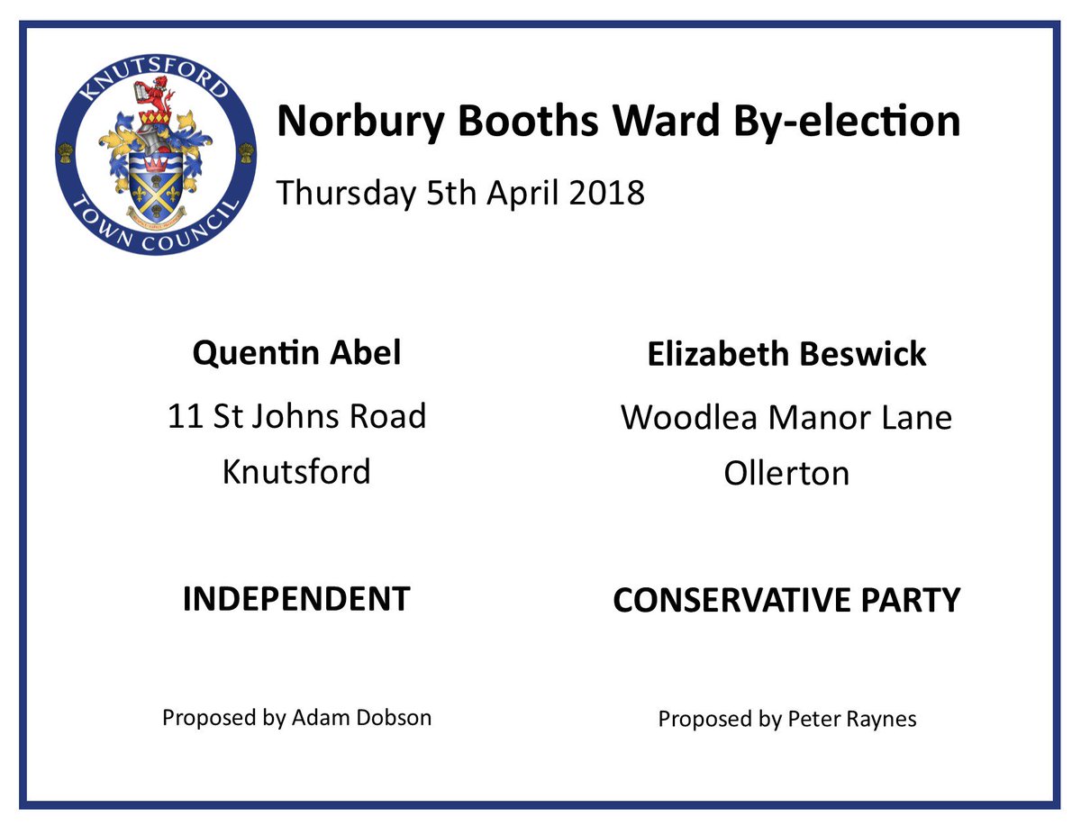 Two candidates are standing in the Norbury Booths Ward by-election on Thursday 5th April. Independent candidate Quentin Abel and Conservative Party candidate Elizabeth Beswick. 

Residents in the ward will receive polling cards. #knutsford