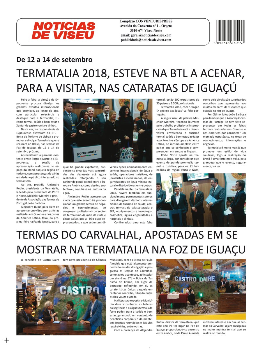 Termatalia's tweet photo. Reportaje publicado por Noticias de Viseu sobre la presentación de #TermataliaBrasil2018 en la BTL Bolsa de Turismo de Lisboa. Muchas gracias a su director, Fernando de Abreu, por acompañarnos. Obrigados! https://t.co/twqN9DrPM7