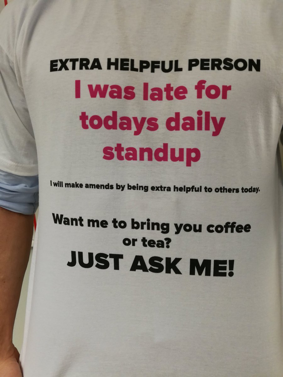 Love this! If team members show up late for the #Scrum they get to wear this funky t-shirt and be extra helpful for the day! #agile #PositiveReinforcement #InspiredTeam #HaveSomeFunWithIt @Statoil