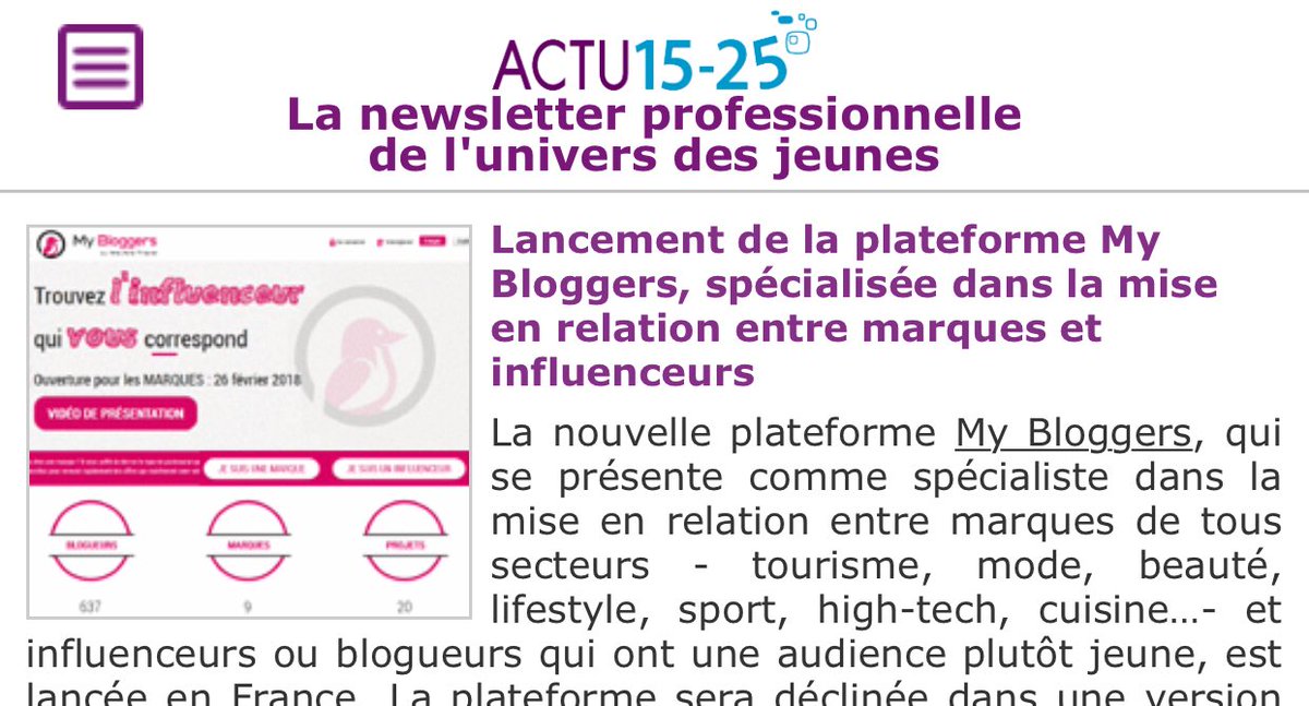 MyBloggersCie's tweet image. Presse : présentation de notre plateforme dans la presse spécialisée B2B sur la cible des 15-25 ans. 
Si vous êtes abonnés 👉 actu15-25.com/011031-1546-Ne…