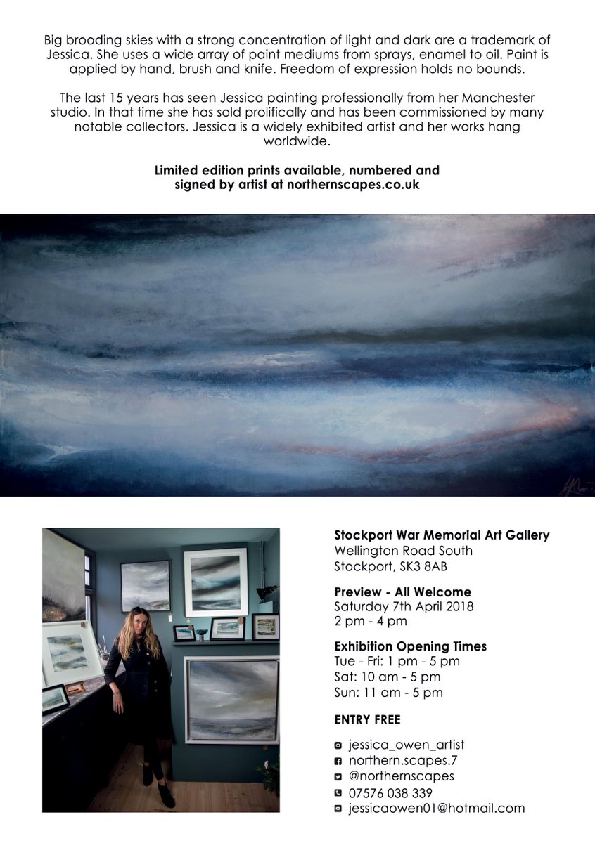 Very excited to announce Jessica's solo exhibition 'Head In The Clouds' at Stockport Art Gallery, that will open on the 7th of April and  runs until the 5th May, please check the flyers for details. 
 #exhibition #art #artist #painting #stockport #manchester #landscape #seascapes