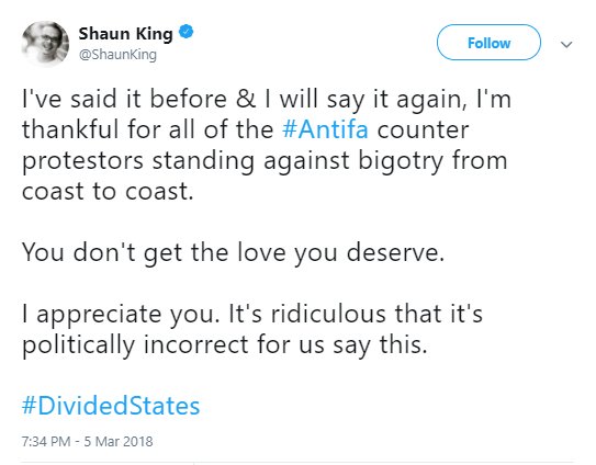 FarLeftWatch's tweet photo. Shaun King to domestic terrorist group:

"I appreciate you. I'm thankful for you. You don't get the love you deserve." https://t.co/2bpAOY0FTf