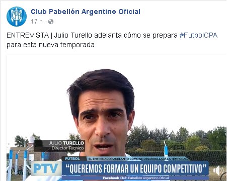 #ClubPabellonArgentino || Declaraciones de Julio Turello, DT en #FutbolMayoresCPA y coordinador #FutbolInfantilCPA.

Enlace al video publicado en la pagina oficial de Facebook: facebook.com/PabellonAlejan…
