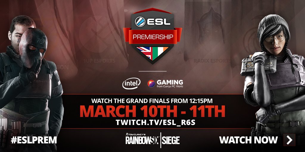 Ubisoft_UK's tweet photo. Watch the @ESLUK, #RainbowSixSiege Premiership Finals this weekend on Twitch! The action kicks off on Saturday at 12:15 https://t.co/6b3yDj7ltk https://t.co/vgjZEl9HL6