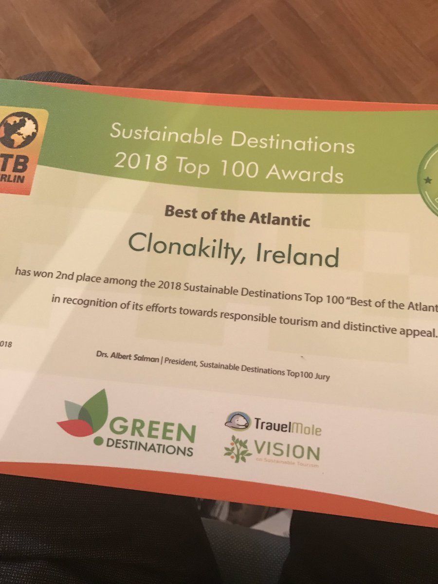Grantie79's tweet photo. 2nd place #BestoftheAtlantic #SustainableDestinations @ITB_Berlin for @SustainableClon @clonchamber #WestCork https://t.co/UMSKdYXQHi
