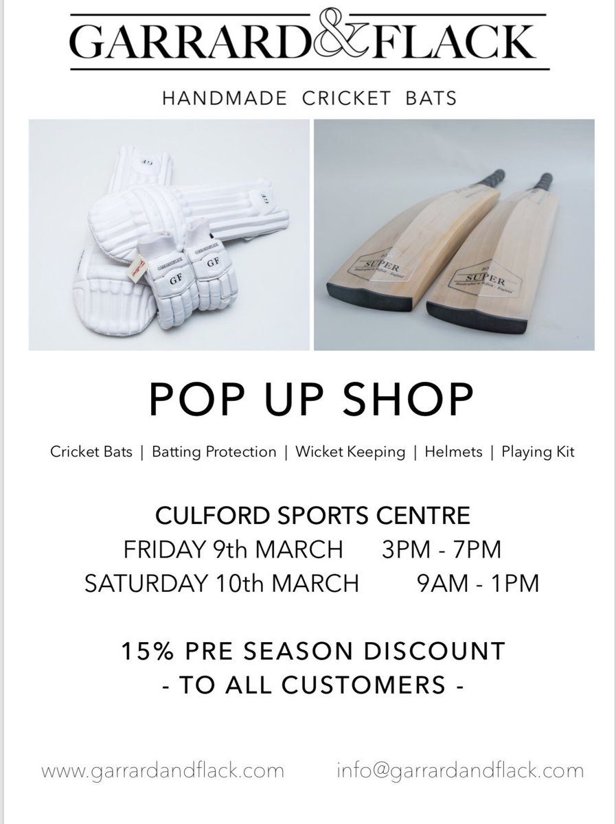garrardandflack's tweet photo. POP UP SHOP - Friday 9th and Saturday 10th @CulfordSchool sports centre, great products and discounts available on those days #cricket #shoplocal #AllStarsCricket #2018 #popupshop https://t.co/q8SrYNrZS3