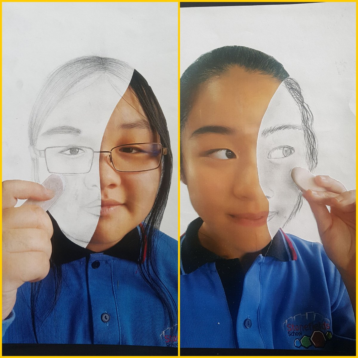 S_Allen_23's tweet photo. Erase your face! How AMAZING are these Year 7 and 8's pencil sketches?! @StonefieldsSch https://t.co/cn0mm3hd40