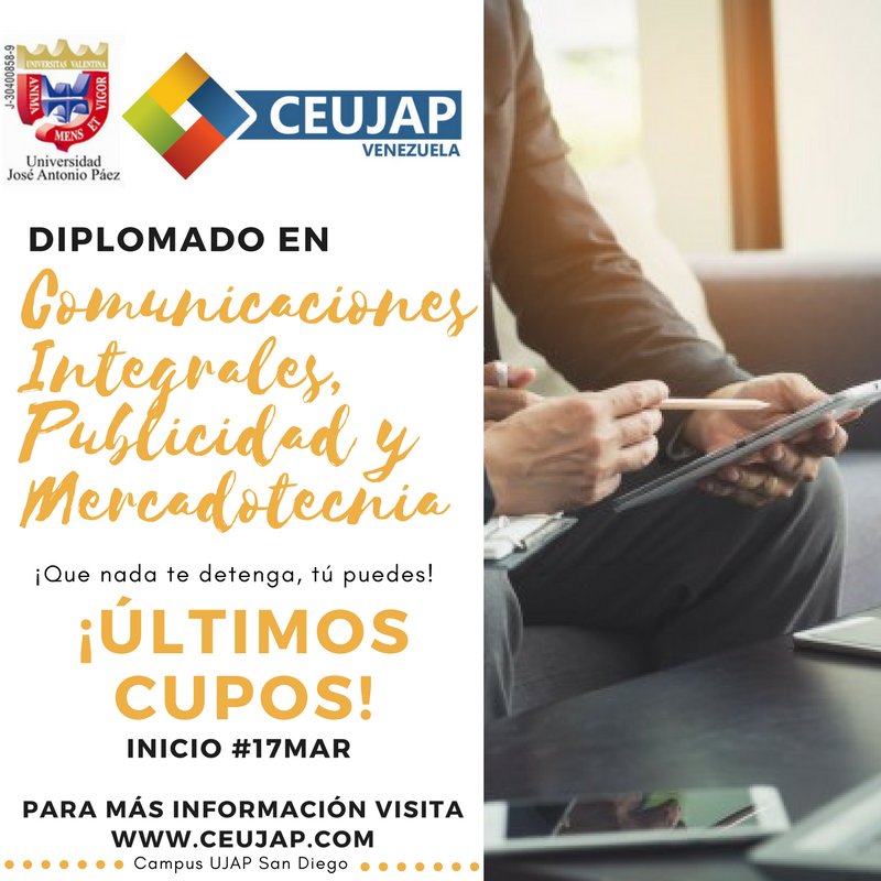 ¡ÚLTIMOS CUPOS! 
Visita ceujap.com (Presencial y Semipresencial) o diplomados.com (Virtual) y únete a nuestro innovador Diplomados en Comunicaciones Integrales, Publicidad y Mercadotecnia. ¡Con reconocimiento internacional!
_______________
INICIO: #17Marzo