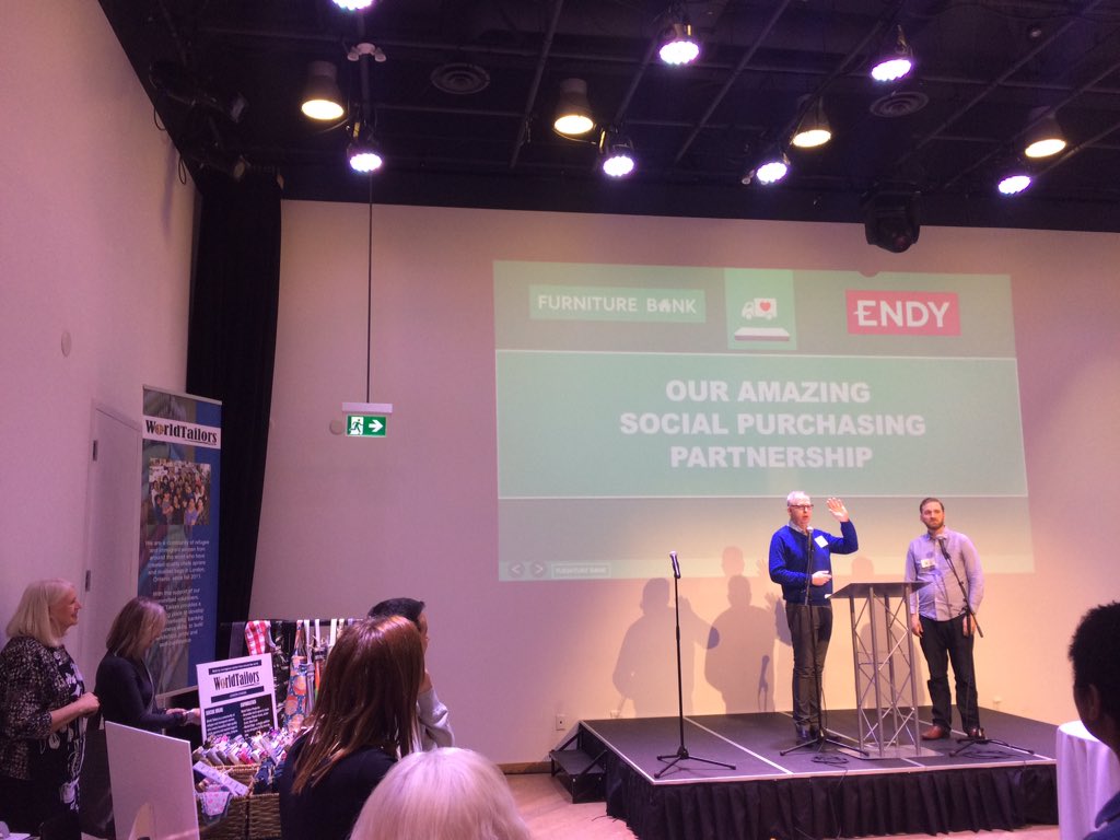 GabeOatley's tweet photo. Another great presentation at #socproc2018 about the partnership between @Furniture_Bank and @EndySleep. Furniture Bank employs folks facing barriers to the labour market within its furniture recycling and resale business. #socent https://t.co/kRmJ1mJmCx