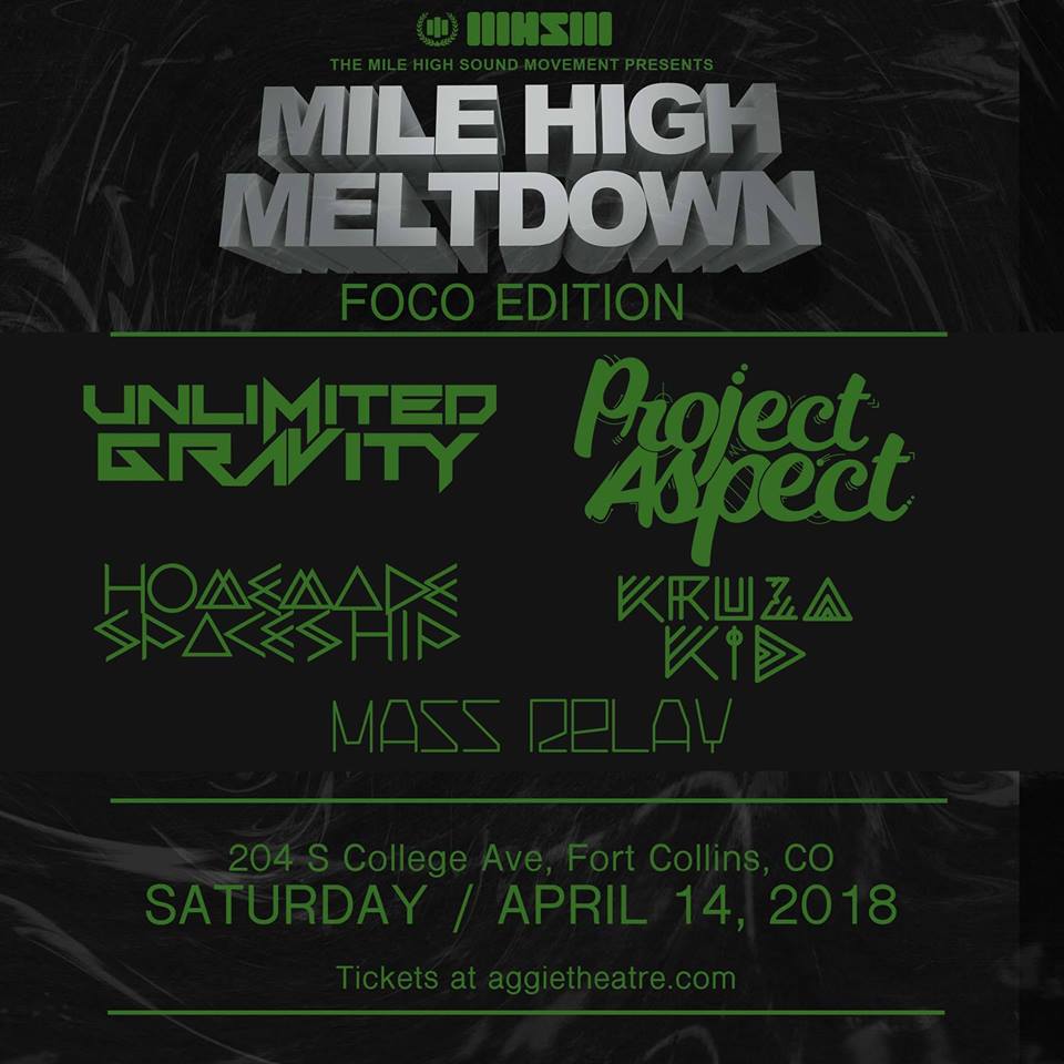 Aggie_Theatre's tweet image. JUST ANNOUNCED:
#TheMileHighSoundMovement Presents - #MileHighMeltdown ft #UnlimitedGravity &amp;amp; @ProJectAspect with #HomemadeSpaceship, @KruzaKid and #MASSRELAY at the @Aggie_Theatre on Saturday, April 14th.
Tickets on sale now: ticketf.ly/2Fvg8GH