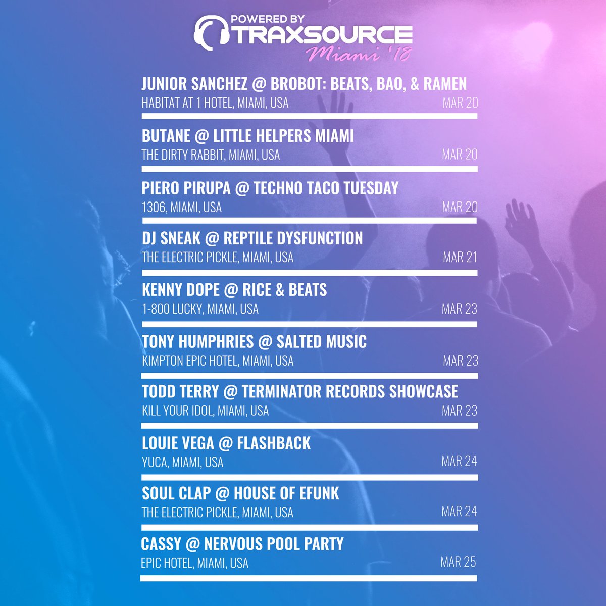Traxsource (@traxsource) on Twitter photo 🕶️ Looking ahead to <a href="/MiamiMusicWeek/">Miami Music Week</a>, and #PoweredByTraxsource events ft. @harrychoochoo, Archila, <a href="/Supernovaitaly/">Supernova</a>, <a href="/cometobutch/">BUTCH</a>, @DjOscarG, <a href="/AntLaRock/">Ant LaRock</a>, <a href="/LouieVeganyc/">Louie Vega</a>, <a href="/I_Skream/">Oliver Jones</a>, <a href="/KerriChandler/">Kerri Chandler</a>, <a href="/soulclap/">Eli Soul Clap</a> & more!👙
Full party details at ▶️ bit.ly/poweredbymiami… 🕶️ Looking ahead to <a href="/MiamiMusicWeek/">Miami Music Week</a>, and #PoweredByTraxsource events ft. @harrychoochoo, Archila, <a href="/Supernovaitaly/">Supernova</a>, <a href="/cometobutch/">BUTCH</a>, @DjOscarG, <a href="/AntLaRock/">Ant LaRock</a>, <a href="/LouieVeganyc/">Louie Vega</a>, <a href="/I_Skream/">Oliver Jones</a>, <a href="/KerriChandler/">Kerri Chandler</a>, <a href="/soulclap/">Eli Soul Clap</a> & more!👙
Full party details at ▶️ bit.ly/poweredbymiami…