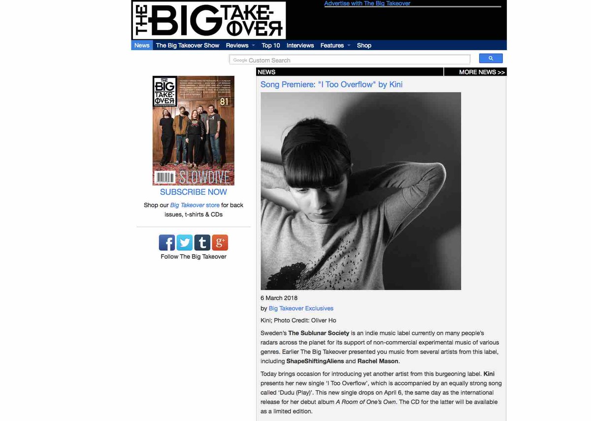 NYC's @BigTakeoverMag premieres 'I Too Overflow' off the double A-side single from @KiniNoise (along with ‘Dudu (Play)’. This new single drops on April 6, the same day as her debut album 'A Room of One’s Own' (both via @SublunarSociety ~ bigtakeover.com/news/song-prem… #electronic #music