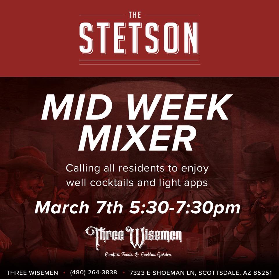 KennonLaura's tweet photo. STETSON Mixer - Wednesday Happy Hour @ Three Wisemen ... Calling All Residents to Enjoy Well Cocktails &amp; Light Apps from 5:30-7:30pm 😁😋🍹 See you this Evening! 🤗🍻🍔 Gem Ray at 480.772.7613 (Text) ... https://t.co/eWokySuZgk @ThreeWisemenAZ https://t.co/FZ2H46VYlb