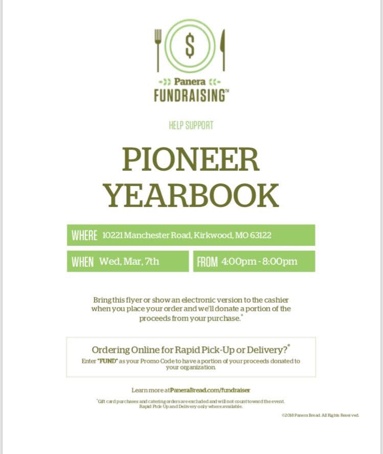 khsPioneerYbook's tweet photo. Today’s the day! Head over to the Bread Co in Kirkwood from 4-8 for some yummy food in support of our Pioneer Angels program. Make sure to mention the flyer! https://t.co/2WF7up5GXw