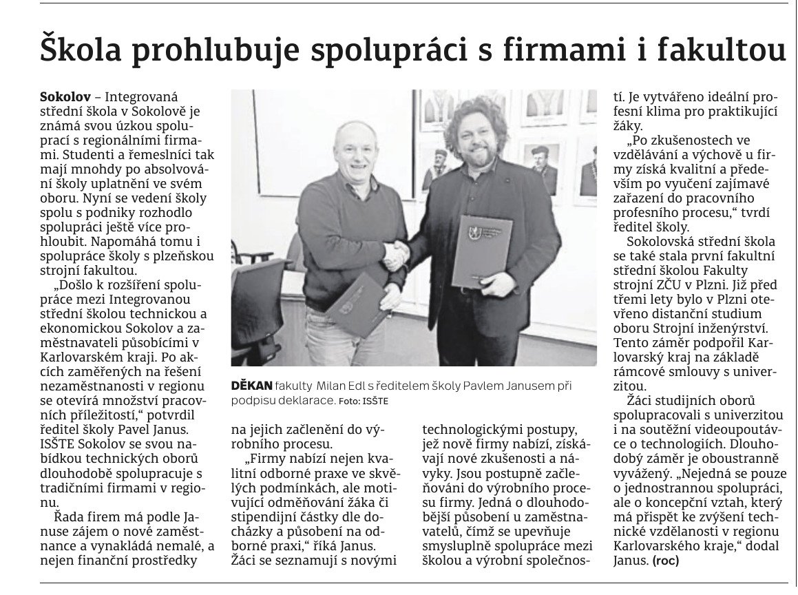 FSTZCU's tweet photo. Fakulta strojní podepsala deklaraci s Integrovanou střední školou v Sokolově, která se tak stala první fakultní střední školou FST ZČU. Dalších 11 SŠ uzavře  smlouvu o spolupráci na zasedání Průmyslové rady FST 8. 3. 2018. https://t.co/0o6po16Ao6