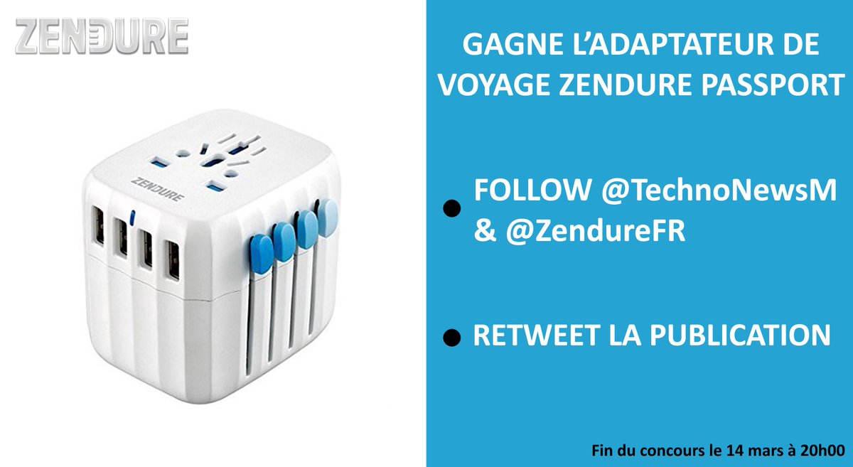 TechnoNewsM's tweet photo. #CONCOURS
Gagne l'adaptateur de voyage Zendure Passport d'une valeur de 60€ ! Follow @TechnoNewsM &amp; @ZendureFR + RT ce tweet pour participer. Tirage au sort le 14 mars à 20h00. Bonne chance ! 💪 https://t.co/wqQPFEqjZz