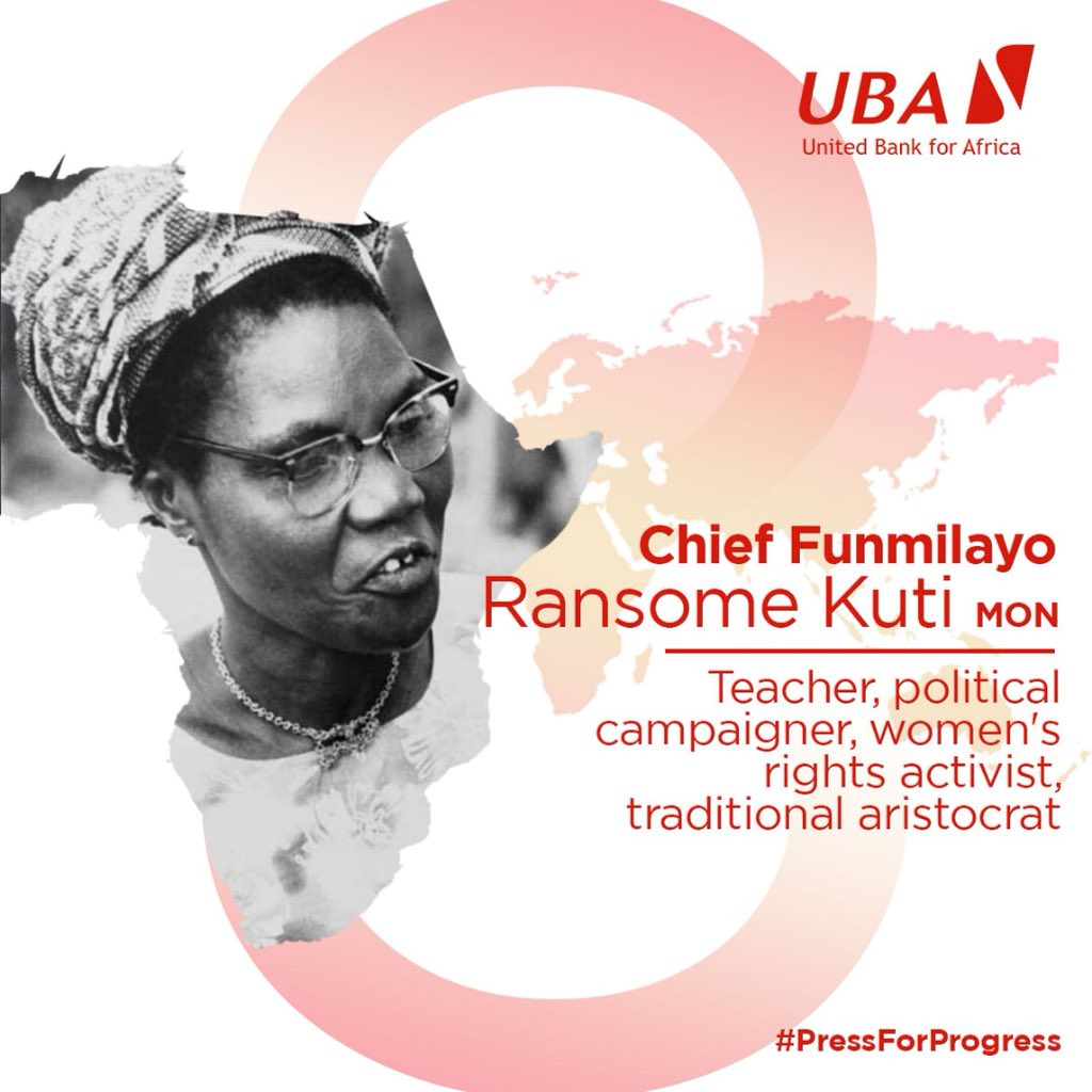 Chief #FunmilayoRansomeKuti, was a teacher, political campaigner, women's rights activist and traditional aristocrat in Nigeria. She served with distinction as one of the most prominent leaders of her generation.
#InternationalWomensDay #IWD2018 #IWD #PressForProgress