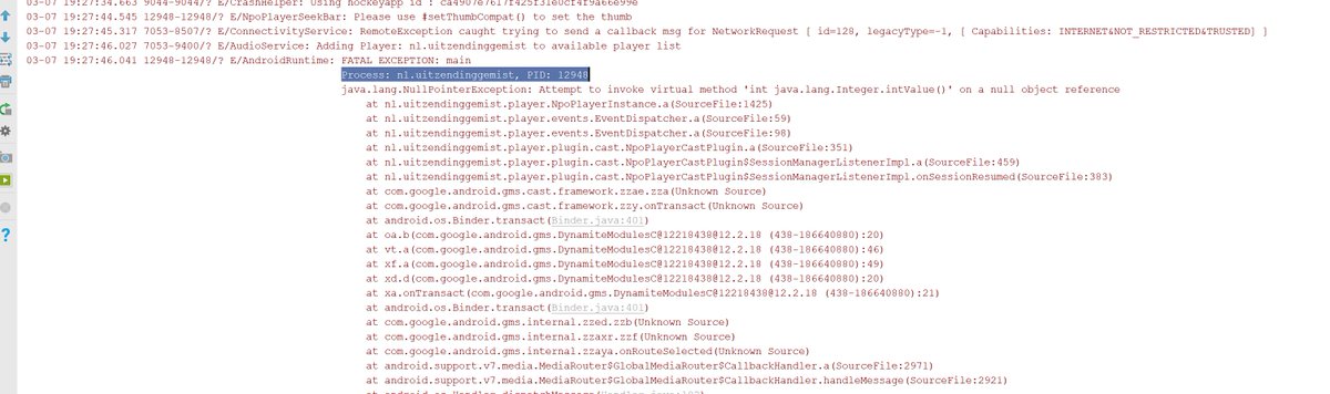 DeliciousGolden's tweet photo. @PubliekeOmroep Jongens ik ben jullie laatste app aan het debuggen (zie android studio) en het is ellende. Vol met exceptions in combinatie met Chromecasts. Schop eens wat ontwikkelaars om betere code te schrijven. https://t.co/mv3TLfmium