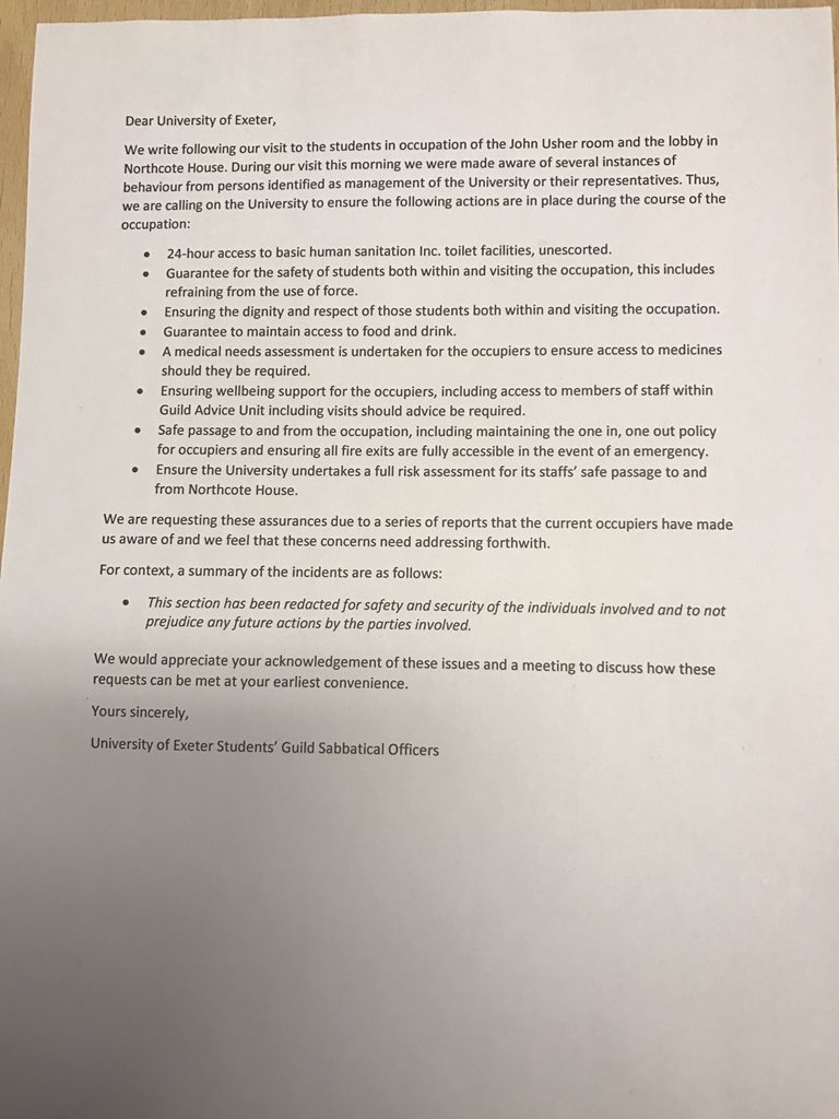 ExeVPLiberation's tweet photo. Responding to issues raised by the student participants of the Occupation, today we handed a letter to the University Staff raising a number of welfare concerns. Full Statement to follow. https://t.co/1ym5XboTHc