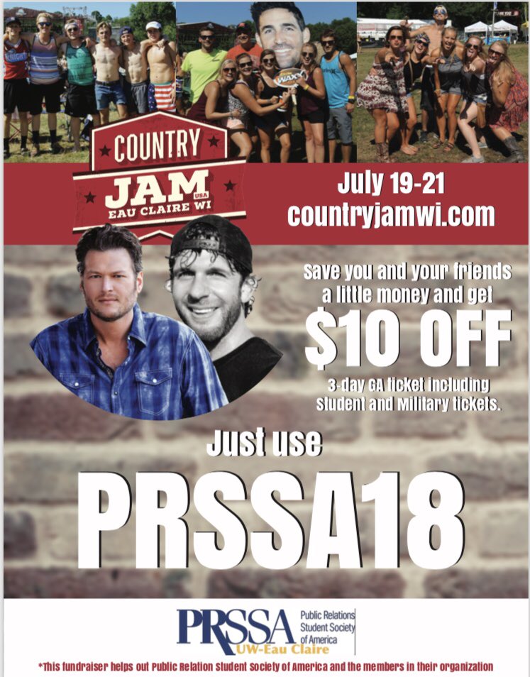 UWECPRSSA's tweet photo. $10 off your country jam ticket if you use the code PRSSA18 at checkout!! Have an amazing weekend [AND] support UWEC PRSSA! https://t.co/t4Y14CiiPi