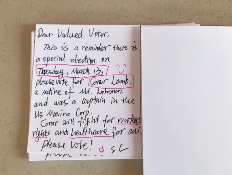 AsianDems's tweet photo. AADC members from other states mailed out the postcards to #PA18 voters today. #PA18 voters have the real power! It's time for new energy & honest leadership! #ConorLamb4Congress #Mar13th #flipPA18 #FlipItBlue2018 https://t.co/FI3jRc1Y3Y