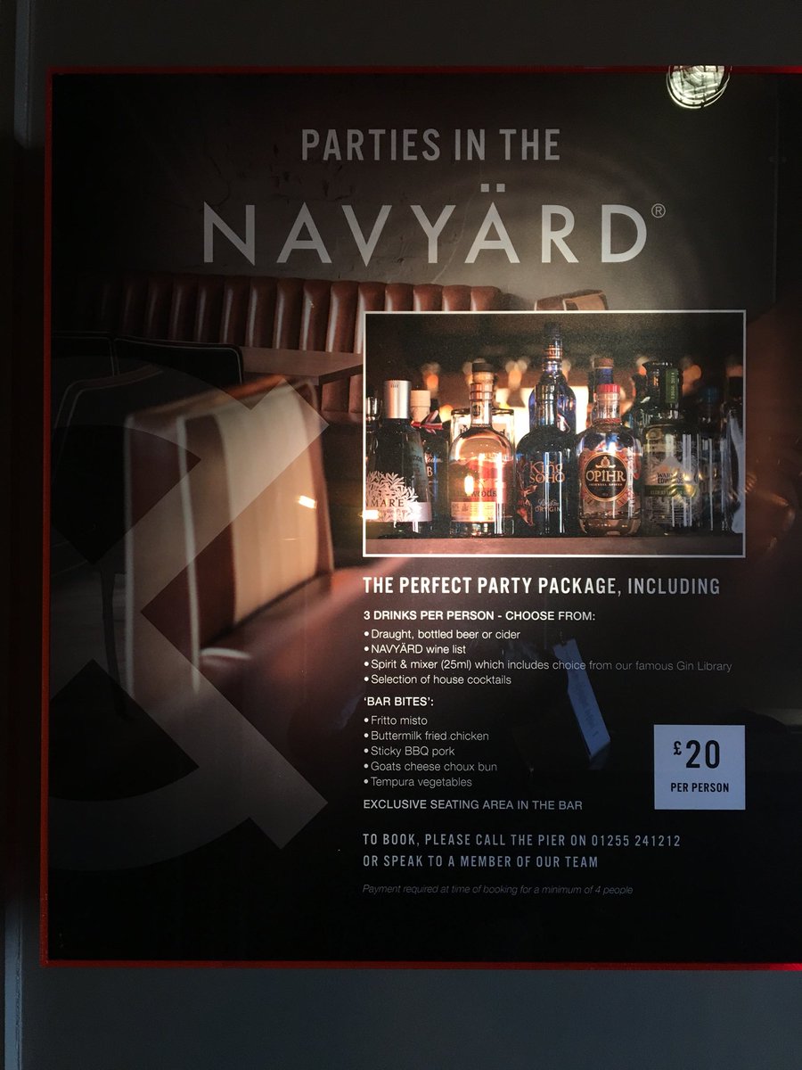 Have you heard about parties in the NAVYARD? Drinks and bar bites for just £20 per person, ask the team call 01255 241212