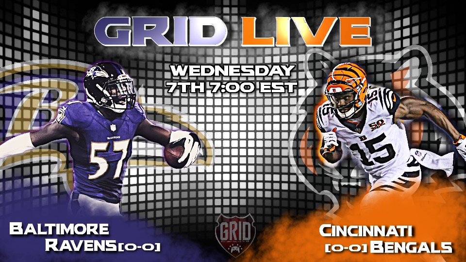 GridMBL's tweet photo. TONIGHT 7PM EST Grid Live #6| play by play broadcast | Ravens vs Bengals| Live on the Grid YouTube channel.  @BomberLeague @leaguecrawler @DaddyLeagues @EAMaddenNFL https://t.co/un6zYuWUrC https://t.co/cMvgFDzF23 https://t.co/iE4ciJyQoj https://t.co/UxsWceZawE