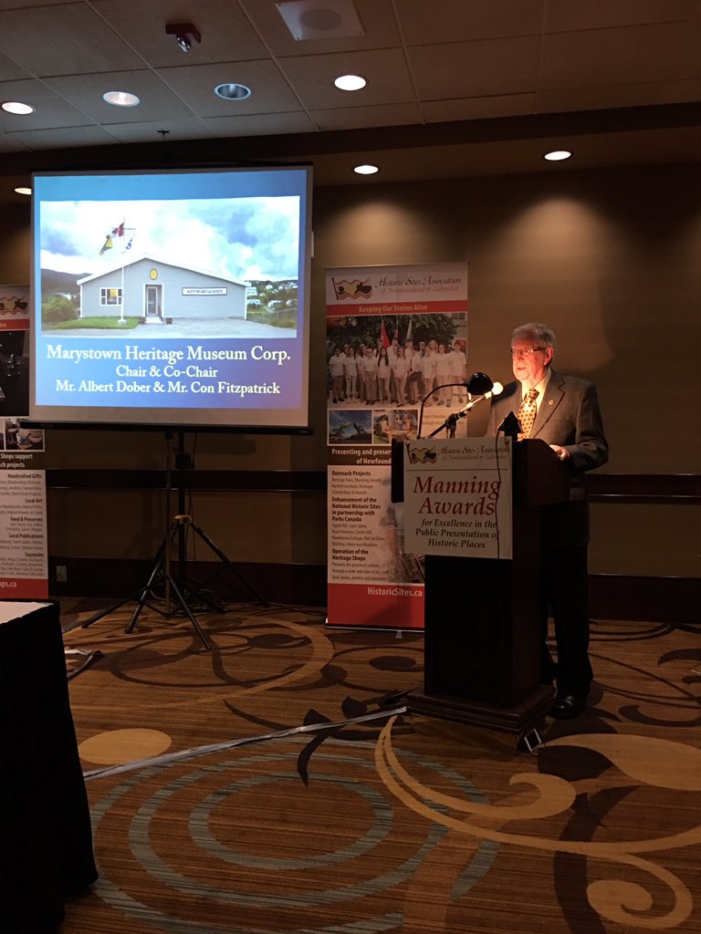 historicsitesNL's tweet photo. Mr. Albert Dober, Chair of the Marystown Heritage Museum, accepting the 2018 Manning Award and speaking on behalf of the museum corporation. @townofmarystown #ManningAwards https://t.co/ETARwI9e3v