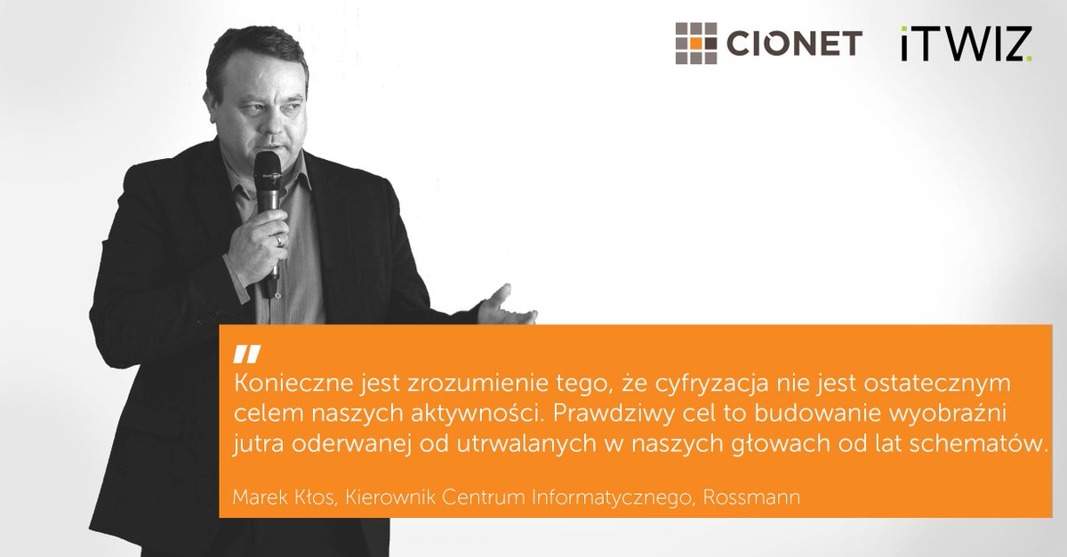CIONET_PL's tweet photo. "Konieczne jest zrozumienie tego, że cyfryzacja nie jest ostatecznym celem naszych aktywności. Prawdziwy cel to budowanie wyobraźni jutra oderwanej od utrwalanych w naszych głowach od lat schematów." Marek Kłos, kierownik Centrum Informatycznego w Rossmann https://t.co/oFNh7WXR1E https://t.co/2lmEHRckPY