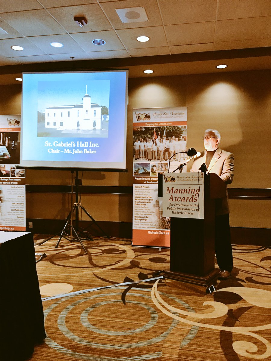 historicsitesNL's tweet photo. Mr. John Baker, Chair, speaks about the winning project, the St. Gabriel’s Hall Event Centre in the @townofmarystown. #ManningAwards https://t.co/qAxa6RE3Tq