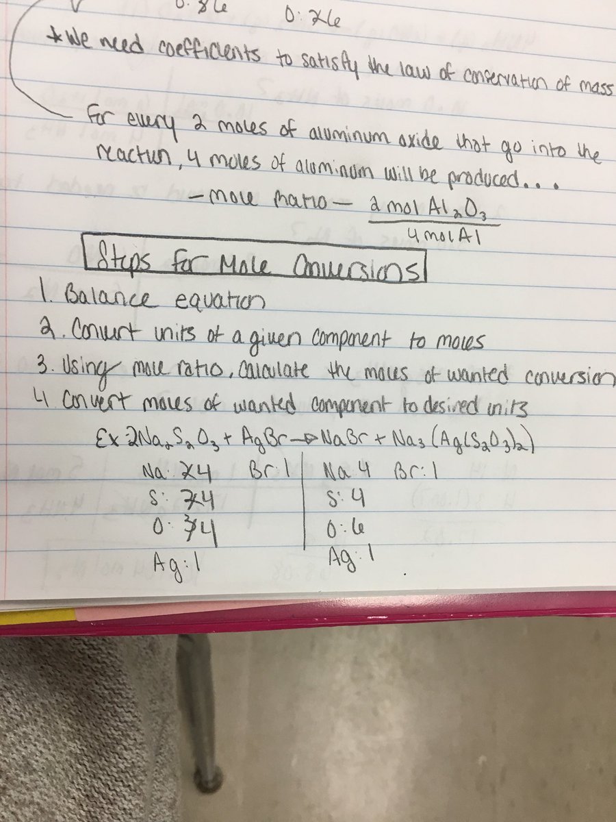 chemsophie's tweet photo. Today we learned the the first step used for mole conversions is to balance the equation, convert the units of a given component to moles, then calculate the wanted conversion, and convert the mass of wanted components to desired units.  @marilynthemole  #LC2CHEMLIFE17 https://t.co/JICpYVn28z