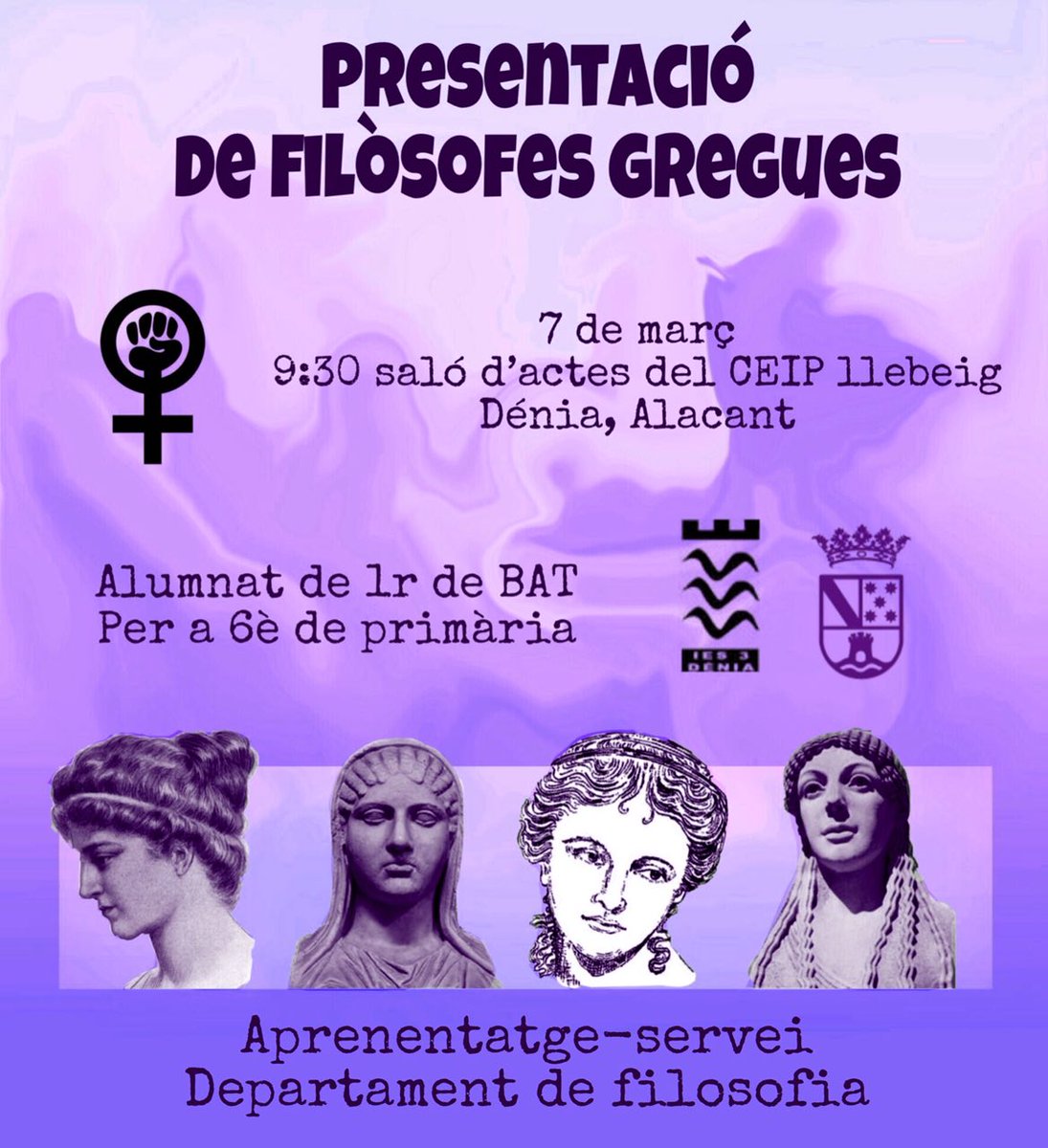 poudenia's tweet photo. Hui, l'alumnat de 1r de Batxillerat de l'@IES3Denia ens ha descobert exemples de filòsofes gregues. Alumnat de 6è de Primària de tota Dénia ha pogut conèixer-les. Gran feina d'aprenentatge servei.  #donesfilosofia https://t.co/jqx1I0OWl4