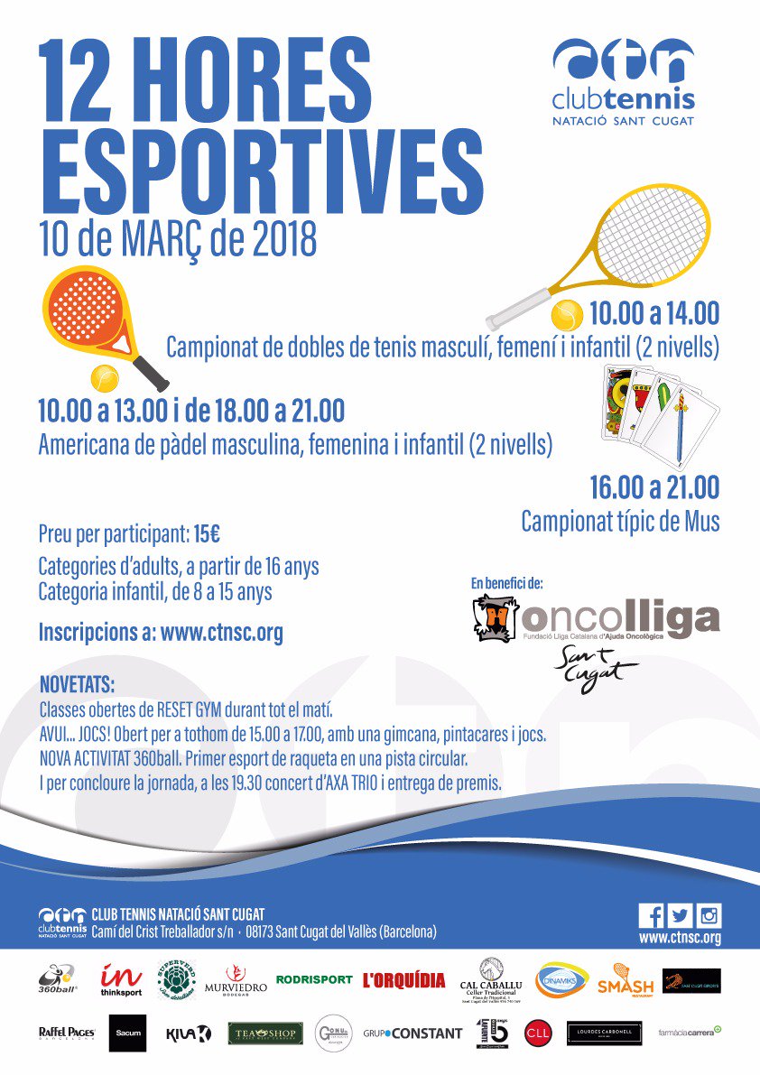 CTNSCugat's tweet photo. Gran jornada solidària aquest dissabte. Hem organitzat un campionat de dobles de #tenis, una americana de #pàdel, un campionat de #mus, classes obertes al #ResetGym, #jocs per als més petits, concert de #música i la nova activitat de #360ball! Vine, x l'esport i x @OncolligaCAT! https://t.co/DY25oZxxZg