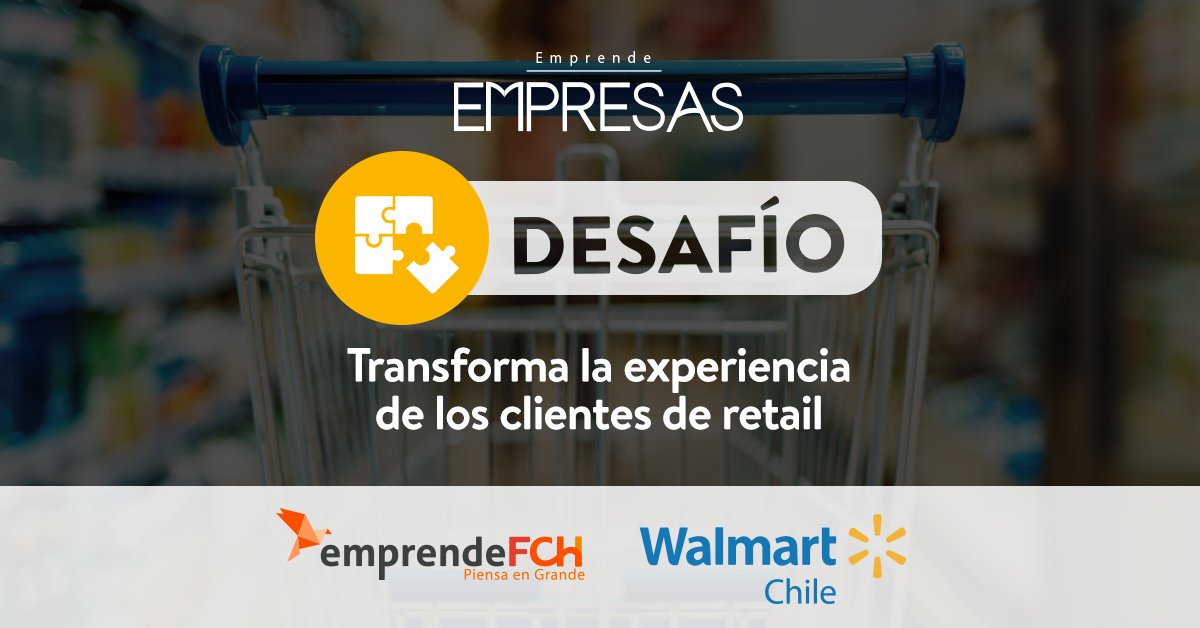 ¡POSTULACIONES ABIERTAS! @emprendeFCh y <a href="/Walmart__Chile/">Walmart Chile</a> te invitan a participar de la convocatoria #EmprendeEmpresas. El desafío consiste en reducir el tiempo de proceso de pago para aumentar el nivel de servicio y satisfacción del cliente. Postula aquí goo.gl/g3G5UP