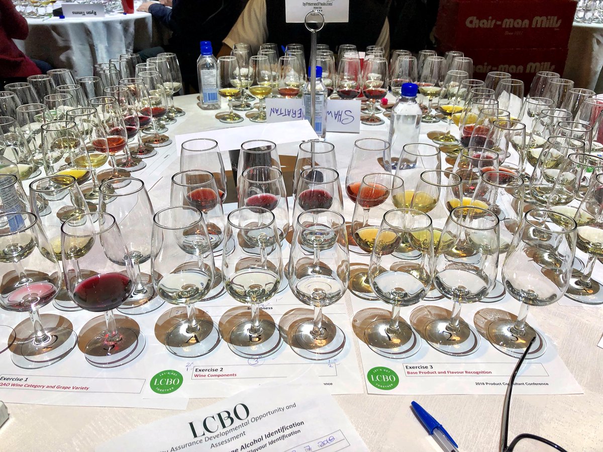 TorontoVino's tweet photo. I’m suppose to tell them what’s in each glass without any help. Will I pass?? Annual Product Consultant examination. Piece of cake🤔 #testtaste #lcbo #Toronto #wine #spirits #beer https://t.co/V0XZ7TvFRv