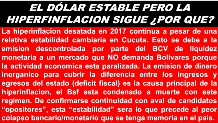 CHC31's tweet photo. TSUNAMI ECONOMICO: estabilidad en precio del Dolar Cucuta no esconde la realidad: ESTADO VZLA ES INVIABLE CON ESTE NIVEL DE DEFICIT FISCAL. Maduro es incapaz de reformar la economia, "oposicion" lo ayuda a sostenerse con dialogos y "elecciones", BSF esta condenado a muerte. QEPD. https://t.co/HeLXNFPdMr