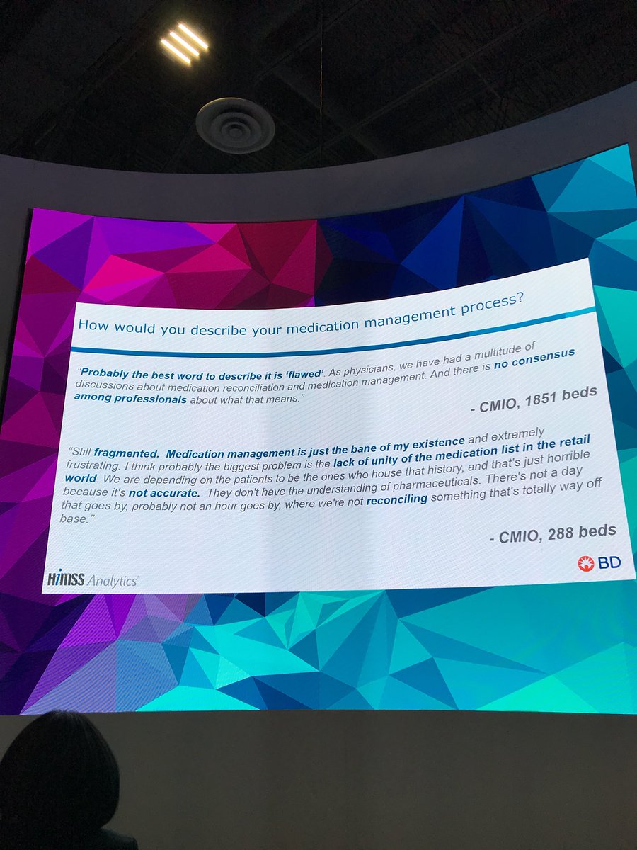 allyc1's tweet image. How would you describe your medication management process? #CMIO says “flawed” @HIMSSAnalytics shares survey results at #himss18 in @BDandCo booth 5538 #mederror #BDHIMSS