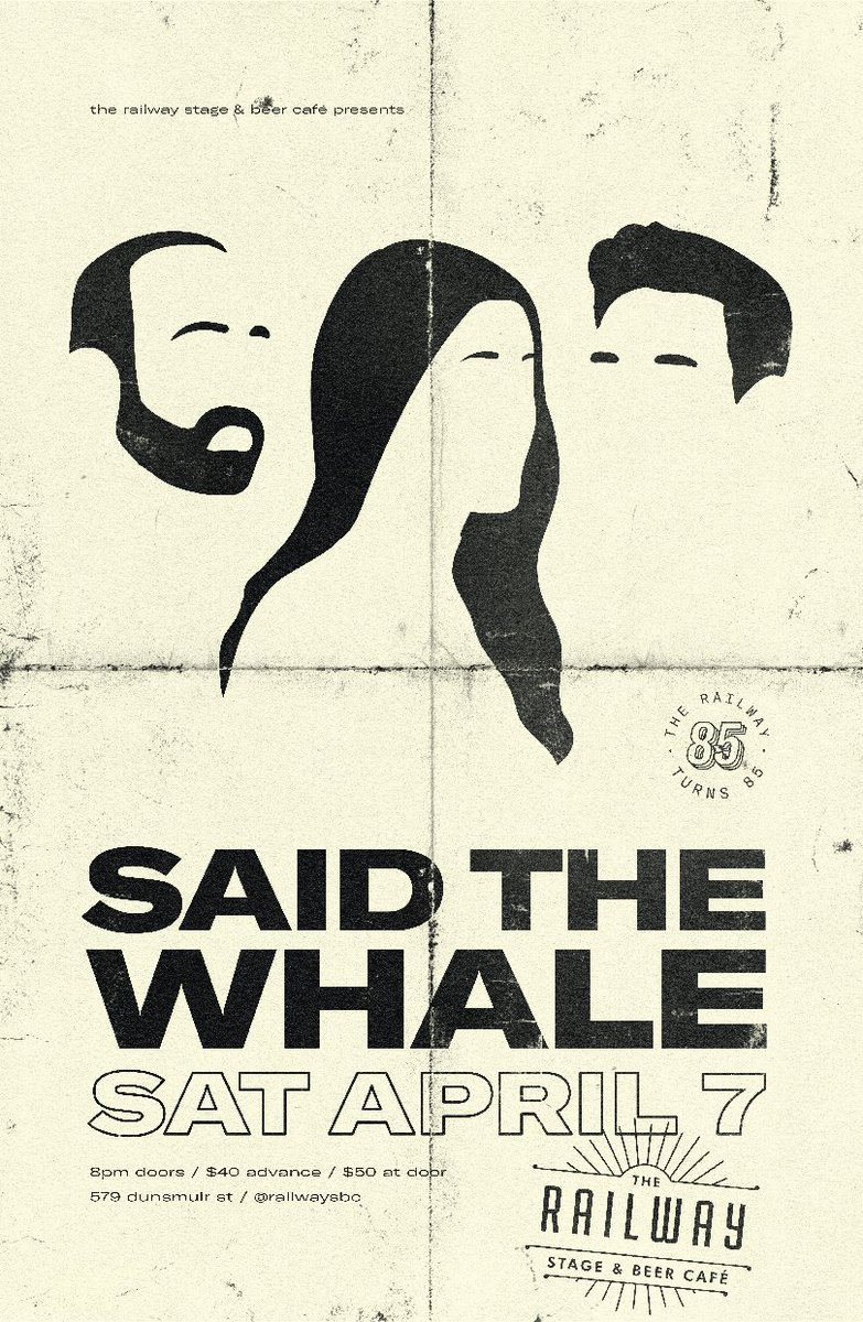 SHOW ANNOUNCEMENT!
Celebrate the Railway’s 85th birthday with us and <a href="/saidthewhale/">Said The Whale</a> on Saturday, April 7th.

Tickets available here: showpass.com/saidthewhale-r…

See you there!
