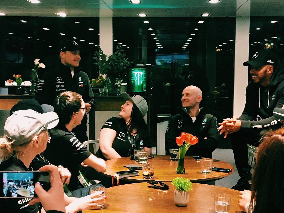 MercedesAMGF1's tweet photo. Hospitality &amp; Garage Tour = ✅

We though it was only right @ValtteriBottas and @LewisHamilton dropped by to say hello as well! 😉

#DrivenByEachOther #BestFans https://t.co/WasPtjIWXd