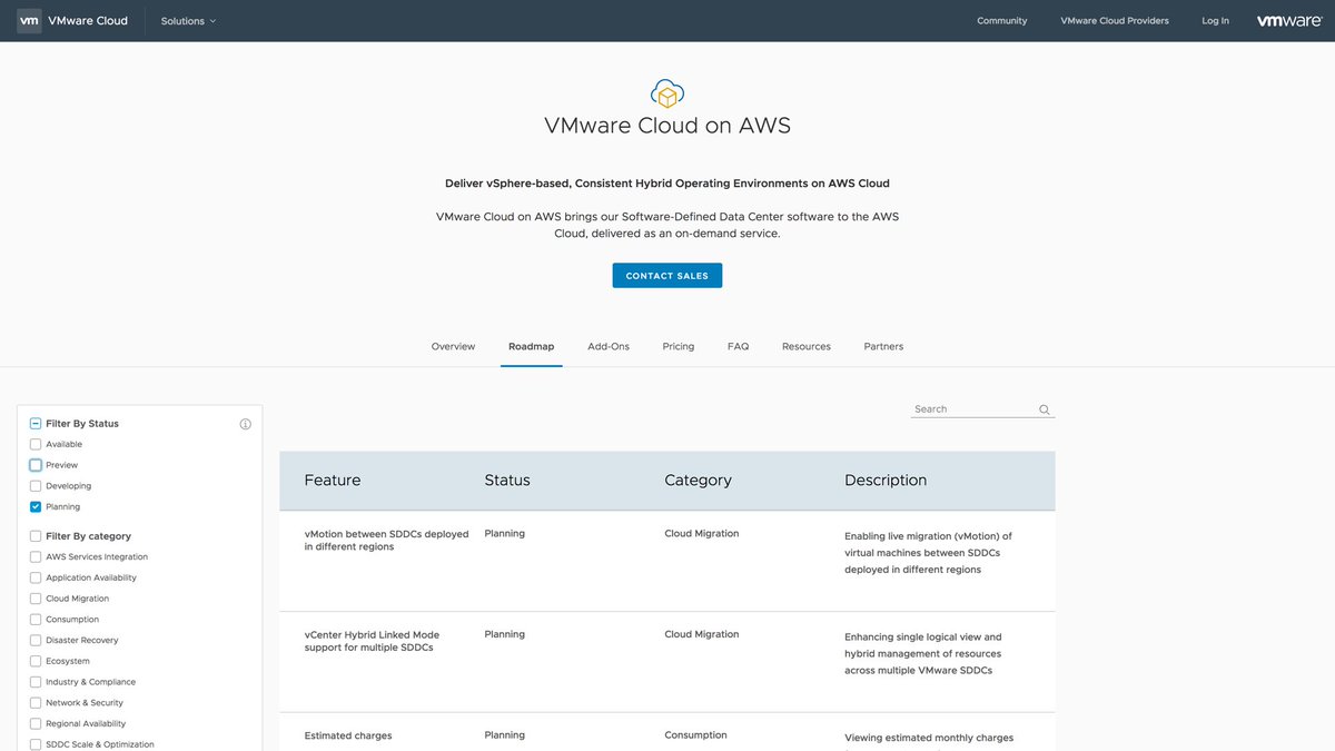 emad_younis's tweet photo. This is awesome, now customers have visibility to the #VMWonAWS roadmap &amp; it's broken down by feature status: Available, Preview, Developing, Planning https://t.co/AgXWMEkvw0

Lots of cool features already avail including new ones from today’s announcement https://t.co/YxdS0zAgUA https://t.co/Uybzb4SRi3