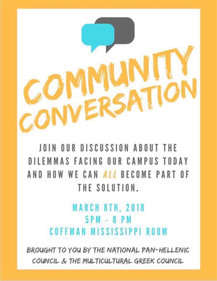 Join the <a href="/UMNMGC/">UMN - MGC</a> &amp; <a href="/NPHC_UMN/">NPHC - UMN</a> for a Community Conversation tomorrow evening to discuss different topics facing our students and campus