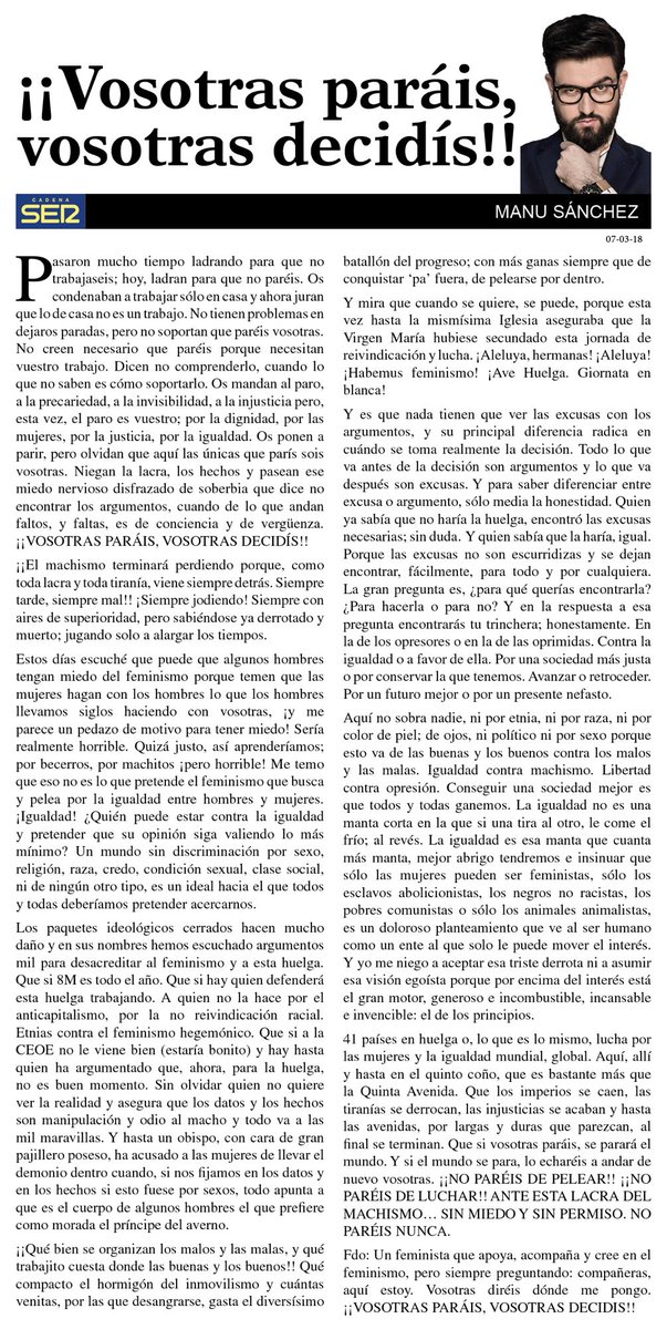 _ManuSanchez_'s tweet photo. 🔴Columna | ¡VOSOTRAS PARÁIS,VOSOTRAS DECIDÍS! 
“Ladraron mucho para que no trabajaseis, hoy ladran para que no paréis” 💜💜💜
¡FEMINISMO, FEMINISMO Y FEMINISMO!¡IGUALDAD, IGUALDAD Y MÁS IGUALDAD!
Compañeras aquí estamos muchos, ustedes decís dónde nos ponemos.
#Huelga8M https://t.co/N8eMssPgN1