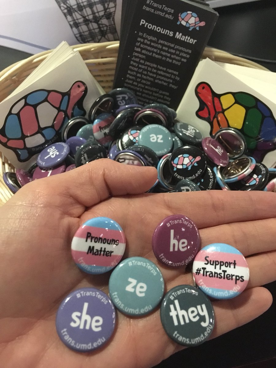 MeadorCleary's tweet photo. Celebrate Pronoun Pronouncement Day with @HornbakeLibrary and @LGBTequity by picking up some swag from the Info desk in Hornbake until 5pm. #TransTerps #TerpsRiseAbove https://t.co/DykusGoPCN