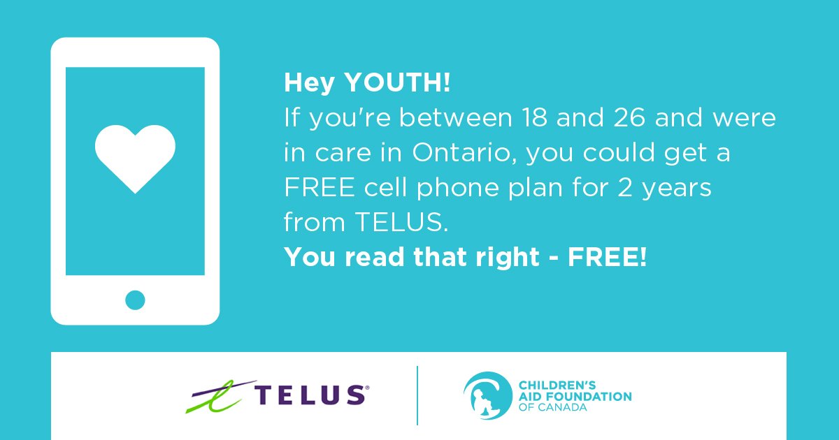 CAFDN's tweet photo. ATTN: Youth from care. In partnership w/ @TELUS, @CAFDN is thrilled to announce the new #TELUSMobilityforGood program. This will provide youth from ON with access to a smartphone & monthly plan at $0 for 2 years. For more details & to apply, please visit: https://t.co/SGEAka0KAI https://t.co/BpLB2F0nxj