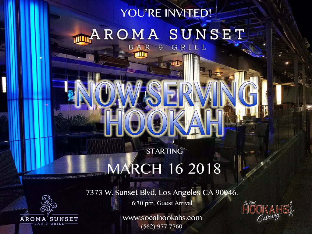 socalhookahs's tweet photo. Join us Friday March 16th 2018 for the grand opening night at our new location Aroma on Sunset Bar &amp; Grill to Enjoy great food, drinks and our world class Hookah is ready to serve you. #socalhookahscatering #aromasunset #grandopening #losangeles #hookahlounge #shish #hookah https://t.co/WEdEpErb5y