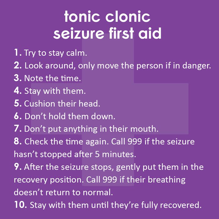epilepsysociety's tweet image. Here are 10 first aid steps to do when someone has a #seizure where they shake or jerk (known as tonic clonic or clonic) bit.ly/2BPL5Uc #epilepsy